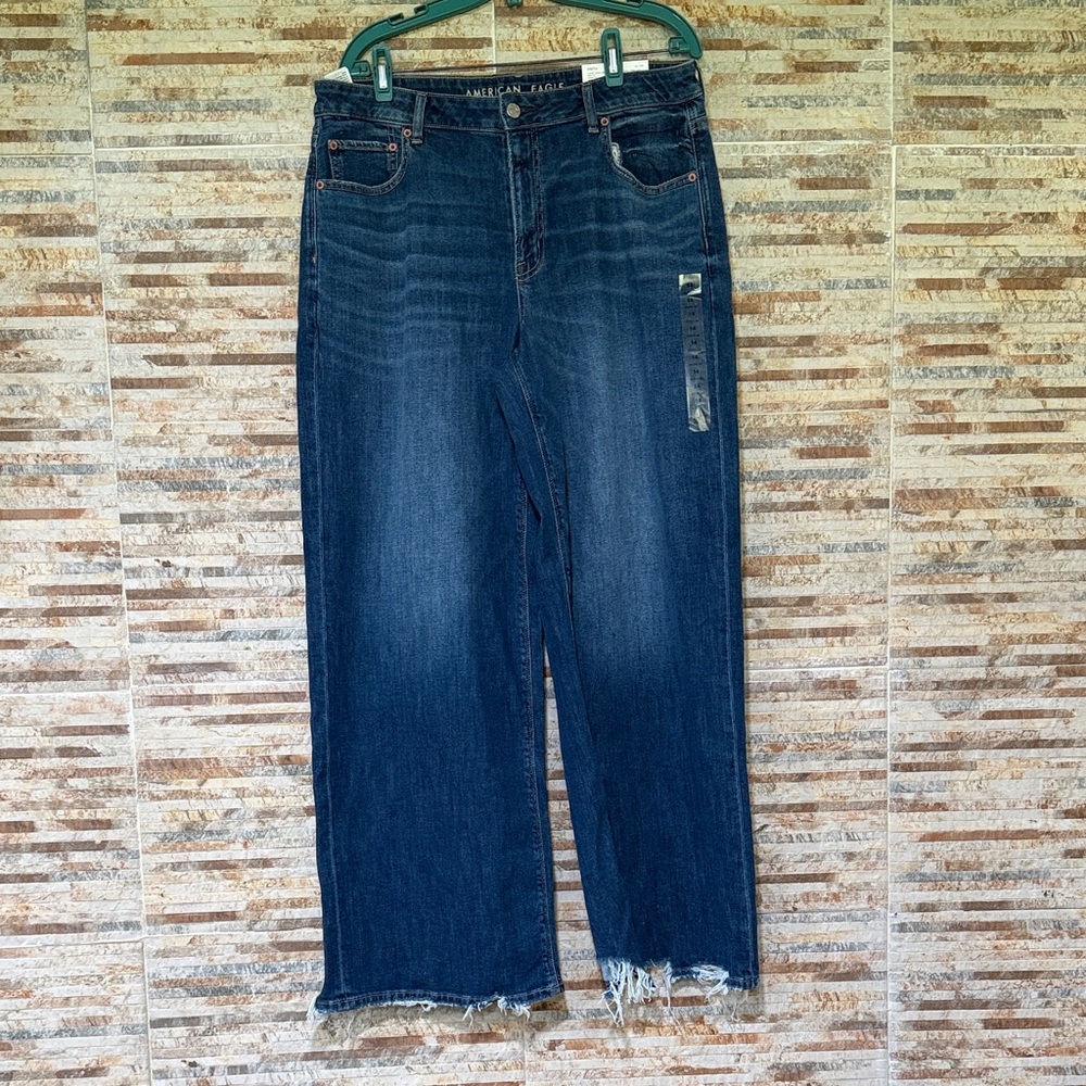 American Eagle Outfitters Dark Indigo Wide-Leg Jeans with Raw Hem